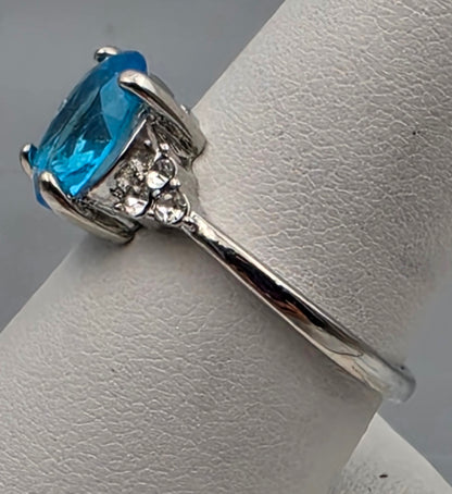Silver Plated/Blue/Clear/Crystal Rhinestone Ring Size 8.75