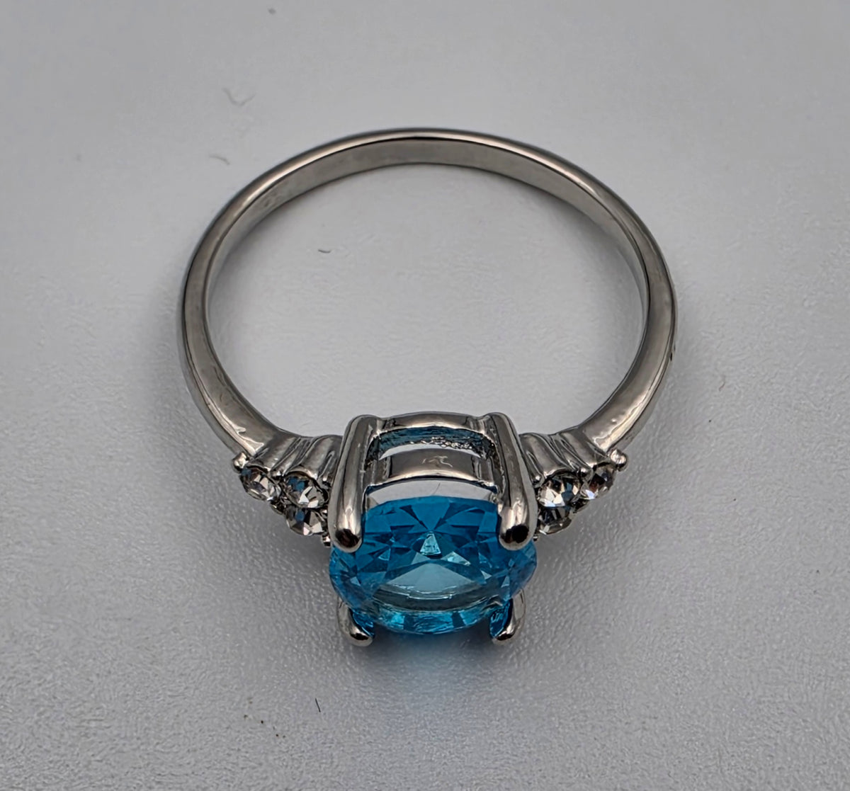 Silver Plated/Blue/Clear/Crystal Rhinestone Ring Size 8.75