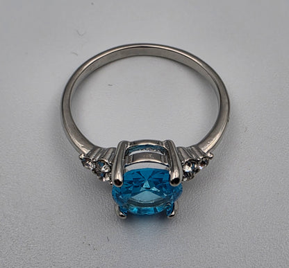 Silver Plated/Blue/Clear/Crystal Rhinestone Ring Size 8.75