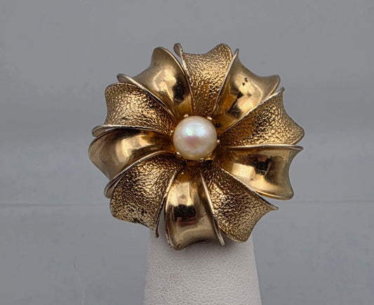 Goldtone/Aurora Borealis Faux Pearl Vintage Floral Ring Size 3.75
