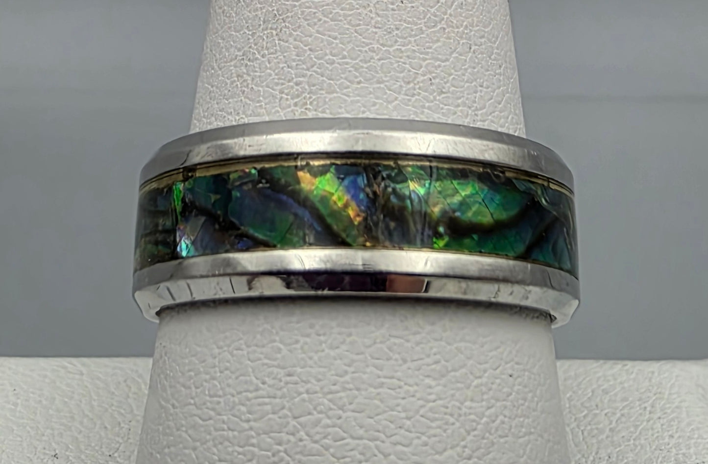Paua Shell Inlaid/Silvertone Band Ring Size 9.25