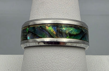 Paua Shell Inlaid/Silvertone Band Ring Size 9.25