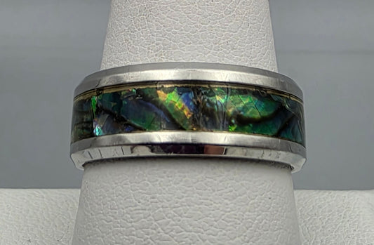 Paua Shell Inlaid/Silvertone Band Ring Size 9.25