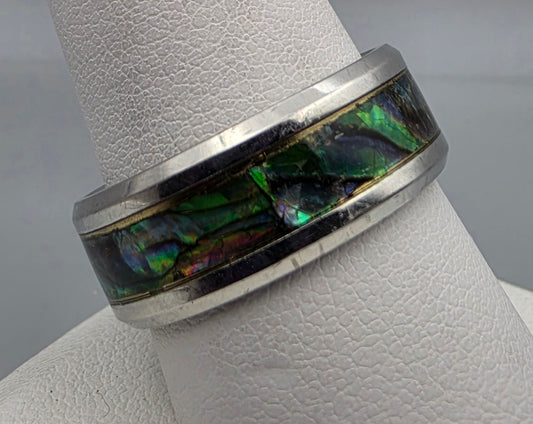 Paua Shell Inlaid/Silvertone Band Ring Size 9.25