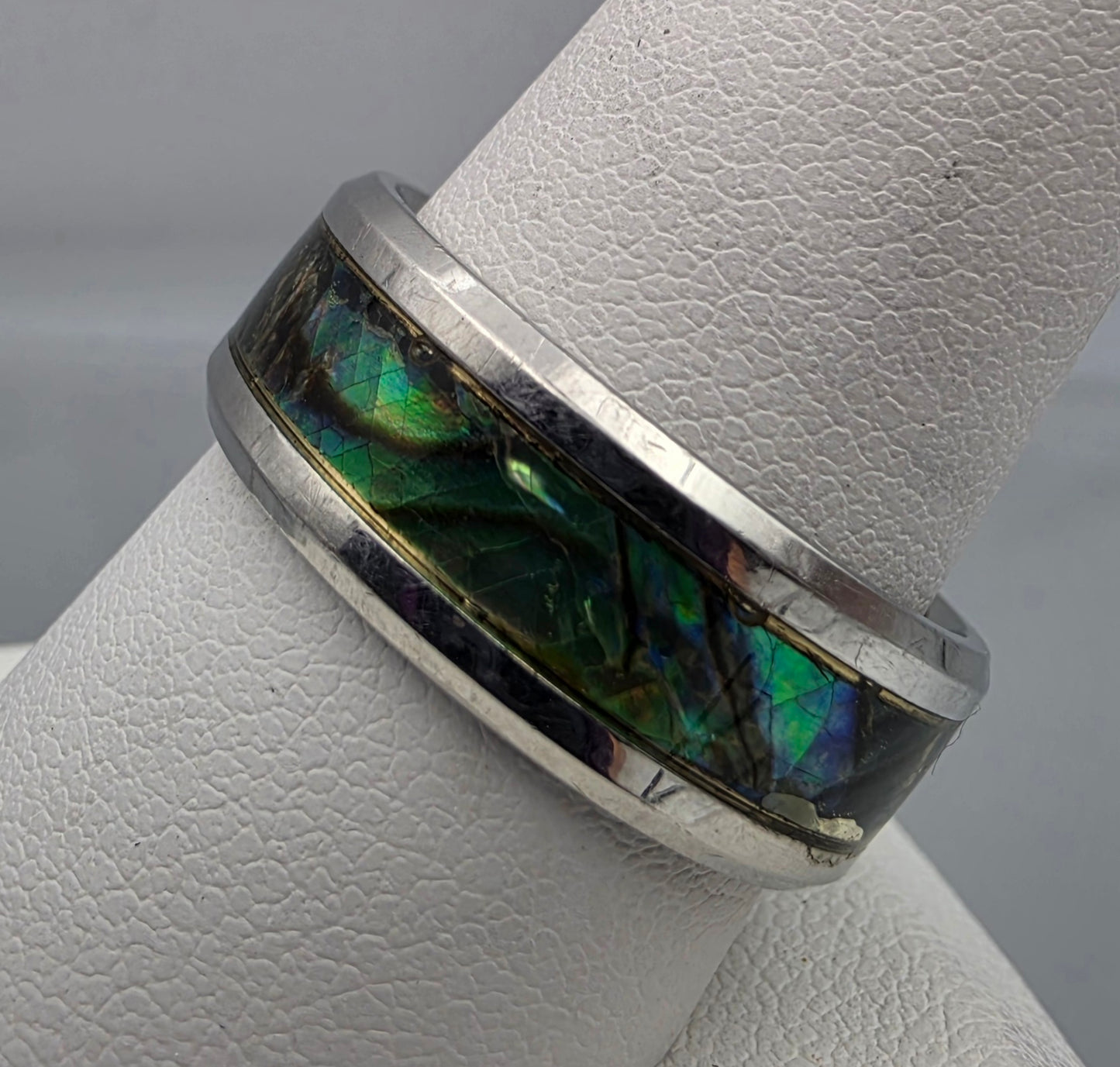 Paua Shell Inlaid/Silvertone Band Ring Size 9.25