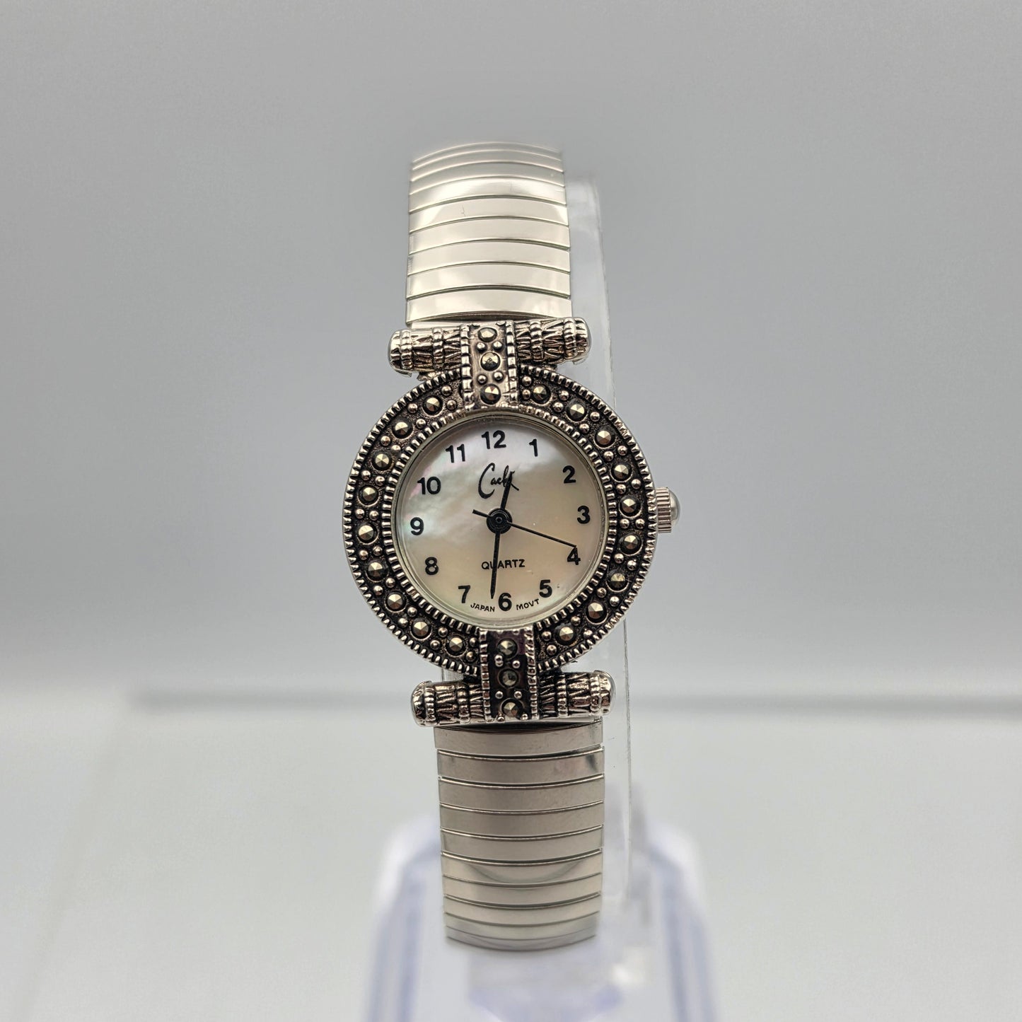 CACHÈ Silver Tone/Marcasite Stretch/Expandable Band Watch