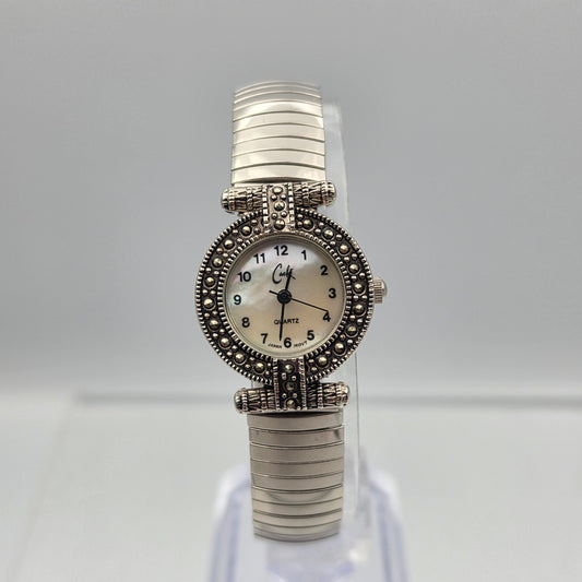 CACHÈ Silver Tone/Marcasite Stretch/Expandable Band Watch