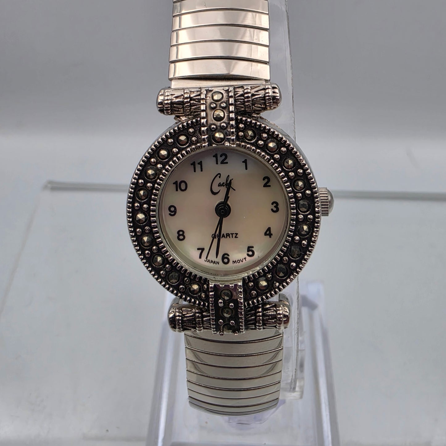 CACHÈ Silver Tone/Marcasite Stretch/Expandable Band Watch