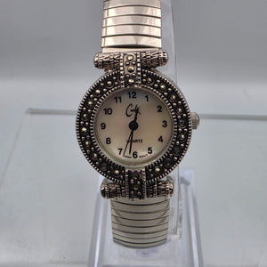 CACHÈ Silver Tone/Marcasite Stretch/Expandable Band Watch