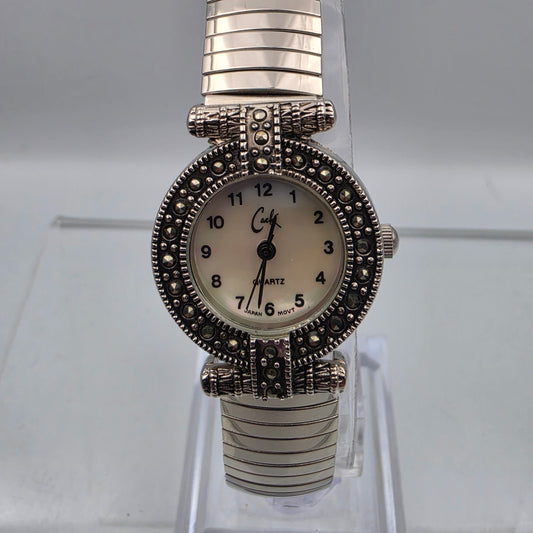 CACHÈ Silver Tone/Marcasite Stretch/Expandable Band Watch