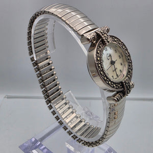 CACHÈ Silver Tone/Marcasite Stretch/Expandable Band Watch