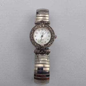 CACHÈ Silver Tone/Marcasite Stretch/Expandable Band Watch