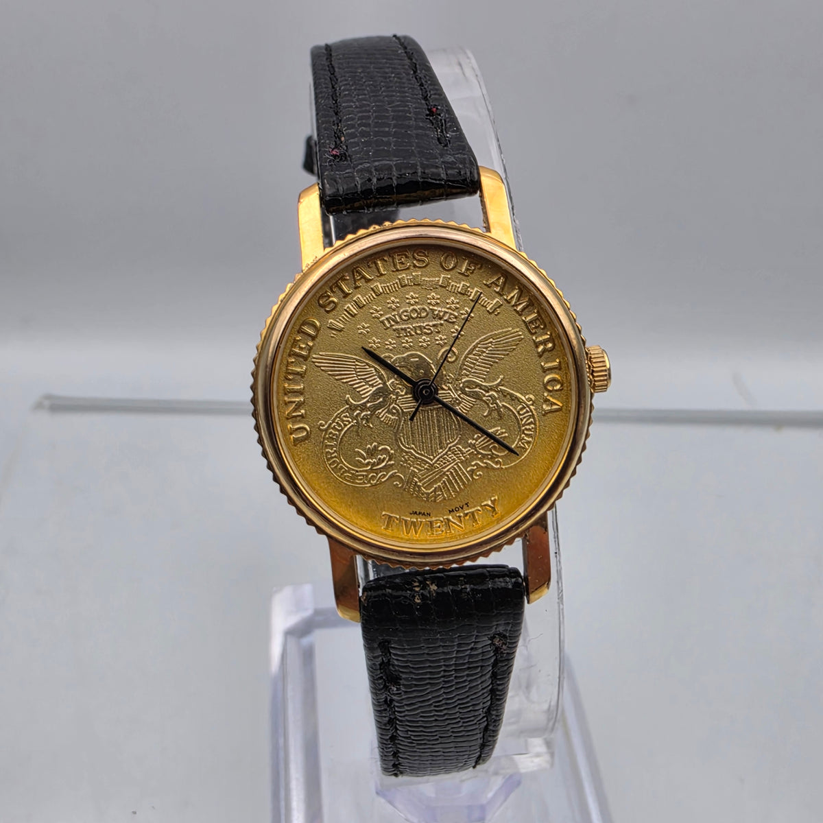 Faux Gold Coin/Black Leather Band Watch