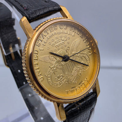 Faux Gold Coin/Black Leather Band Watch