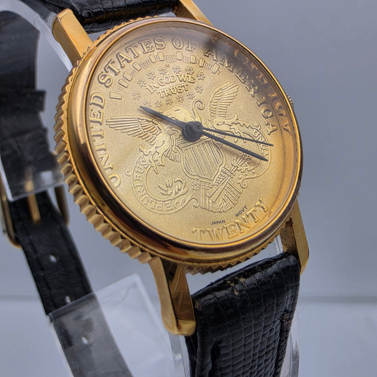 Faux Gold Coin/Black Leather Band Watch