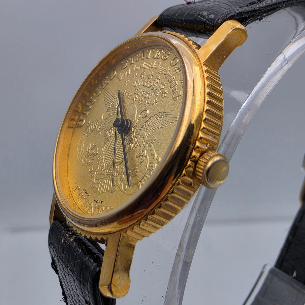 Faux Gold Coin/Black Leather Band Watch