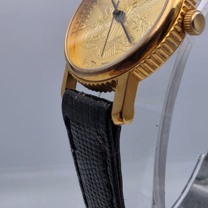 Faux Gold Coin/Black Leather Band Watch