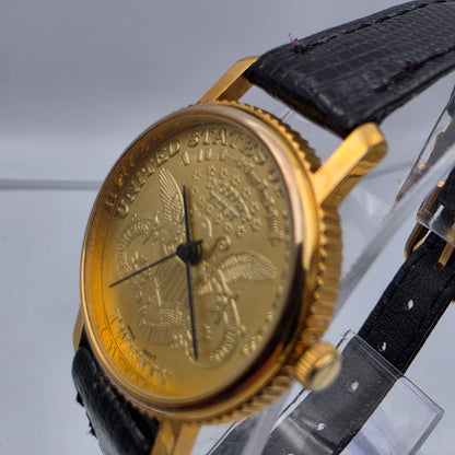 Faux Gold Coin/Black Leather Band Watch