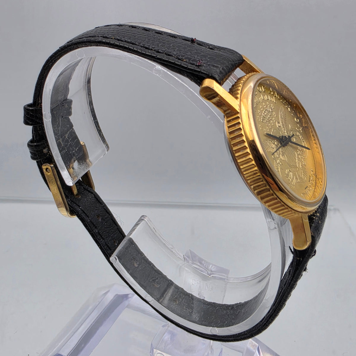 Faux Gold Coin/Black Leather Band Watch