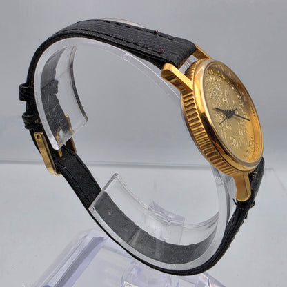 Faux Gold Coin/Black Leather Band Watch