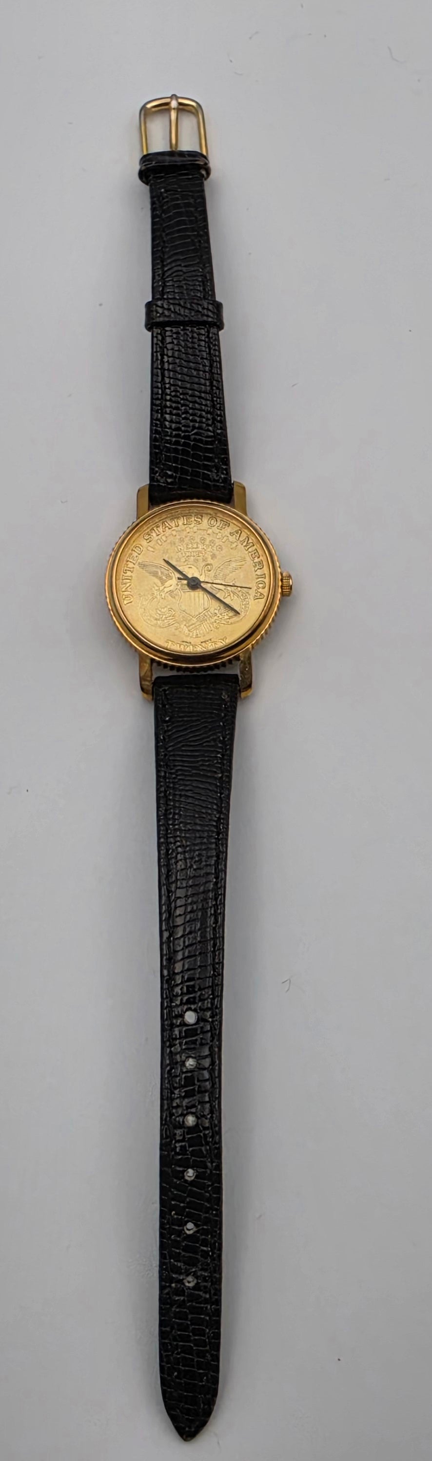 Faux Gold Coin/Black Leather Band Watch