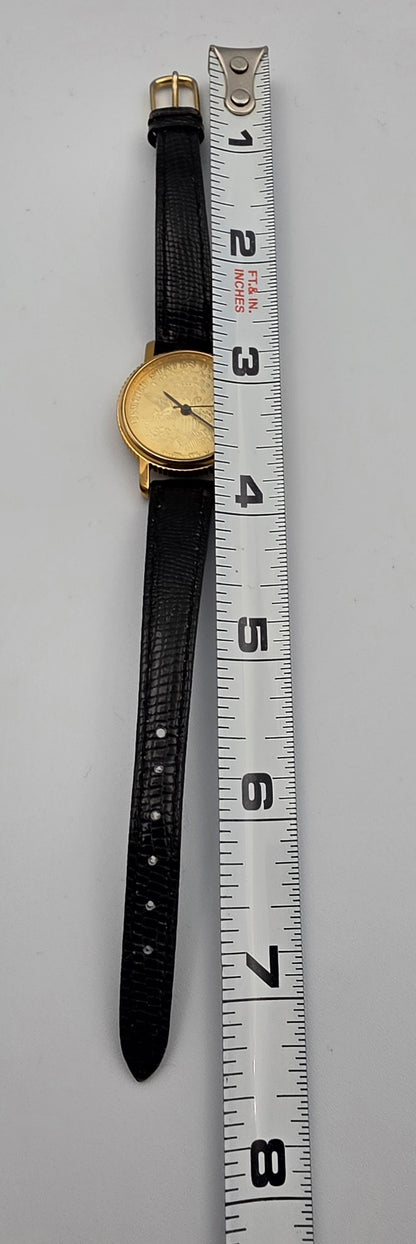 Faux Gold Coin/Black Leather Band Watch