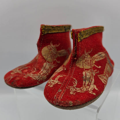 Red Felted Wool/Gold Painted Vintage 1930's-1940's Childs Christmas House Slippers