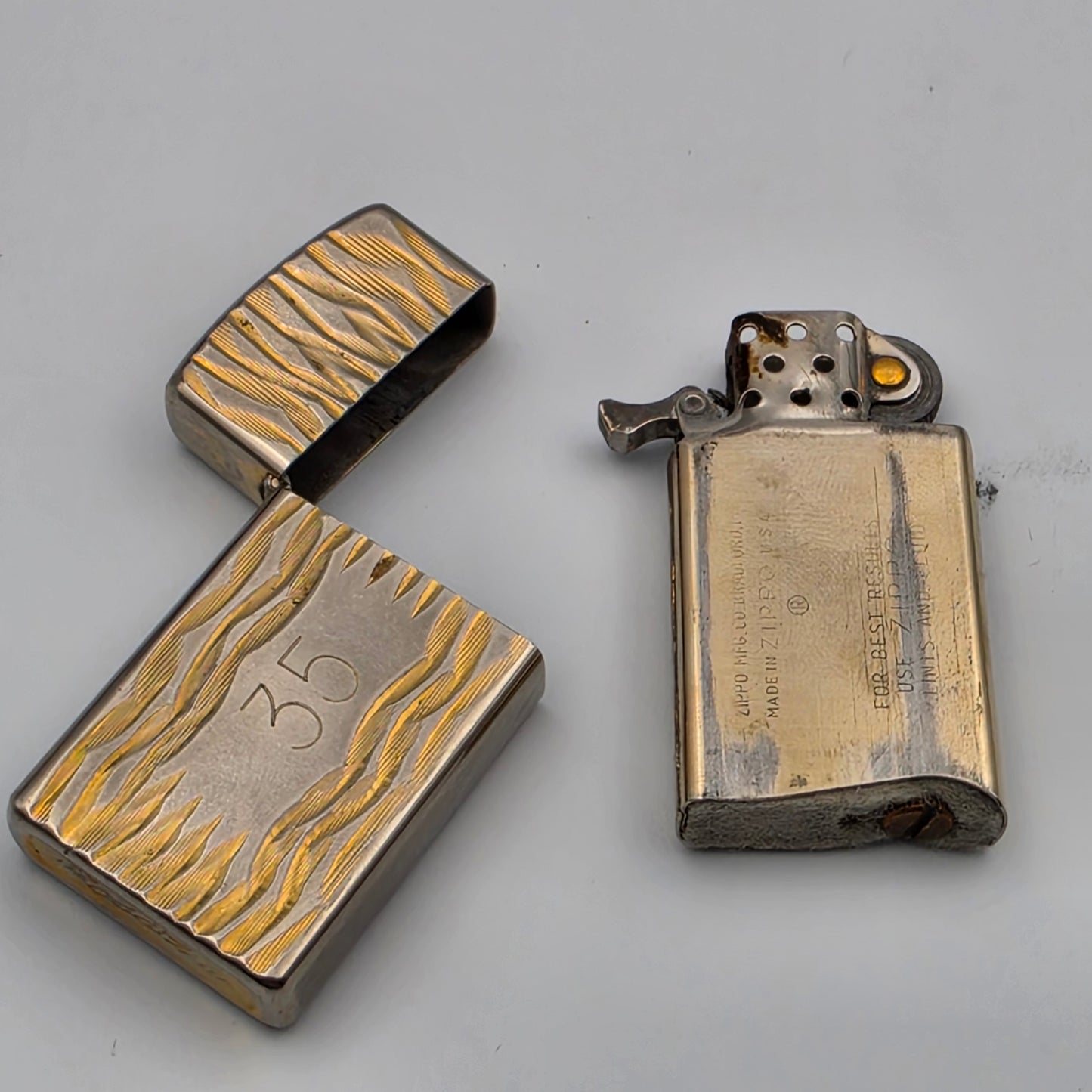 1976 ZIPPO Vintage Two Tone Gold Flame Design/Engraved/Flip Top/Windproof Lighter