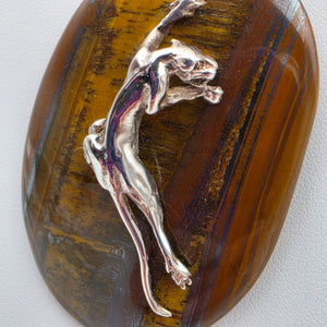 Tigers Eye/Sterling Silver/Leaping Panther 3" Statement Pendant
