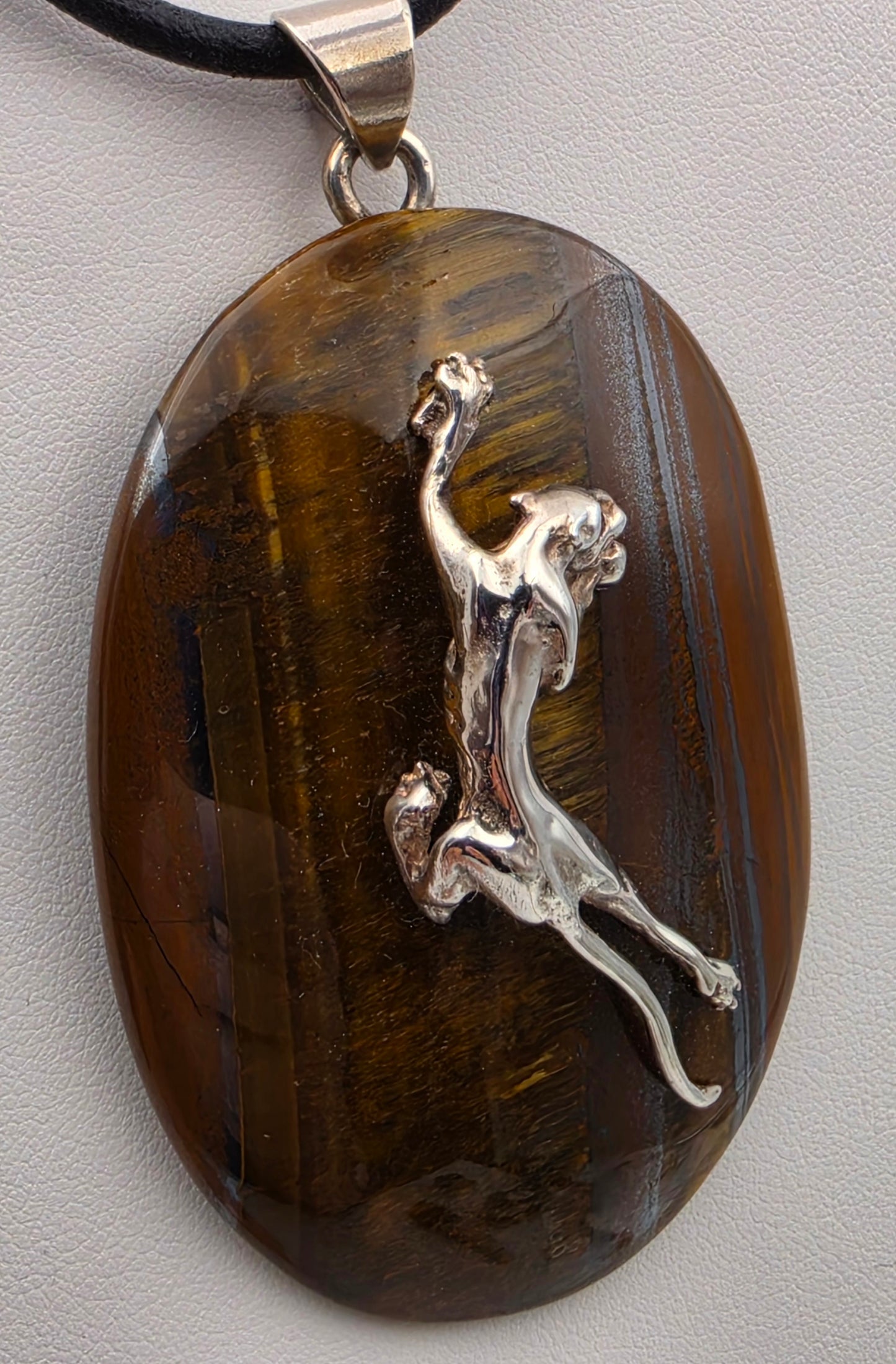 Tigers Eye/Sterling Silver/Leaping Panther 3" Statement Pendant