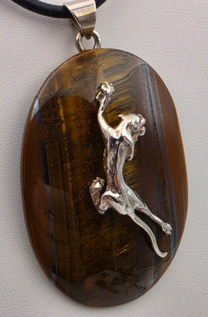 Tigers Eye/Sterling Silver/Leaping Panther 3" Statement Pendant