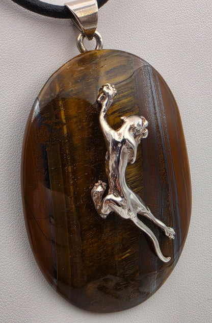 Tigers Eye/Sterling Silver/Leaping Panther 3" Statement Pendant