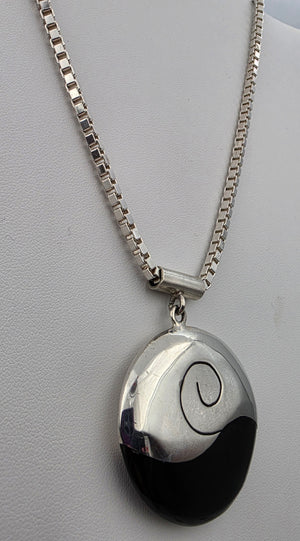 Modernist Milor Italy 1.5" Round Sterling Silver/Black Enamel Pendant and Sterling 30" Box Link(Venetian)  Chain