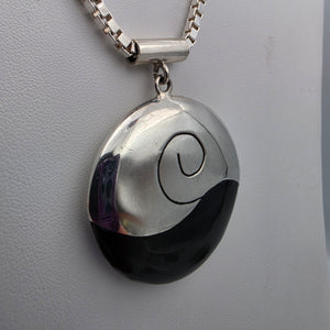 Modernist Milor Italy 1.5" Round Sterling Silver/Black Enamel Pendant and Sterling 30" Box Link(Venetian)  Chain