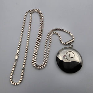 Modernist Milor Italy 1.5" Round Sterling Silver/Black Enamel Pendant and Sterling 30" Box Link(Venetian)  Chain