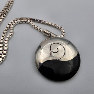 Modernist Milor Italy 1.5" Round Sterling Silver/Black Enamel Pendant and Sterling 30" Box Link(Venetian)  Chain
