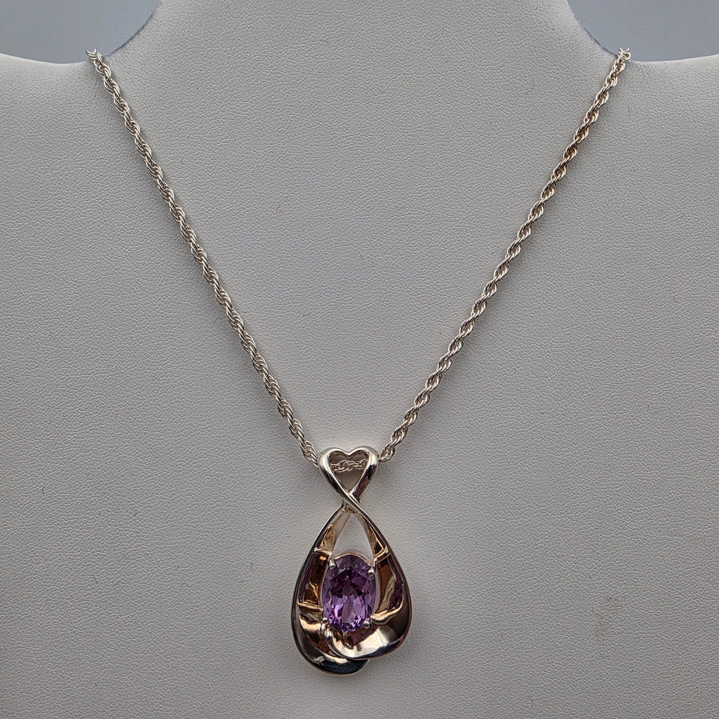MILOR ITALY Amethyst/Sterling Silver 1.75" Pendant and 30"Rope Chain Necklace