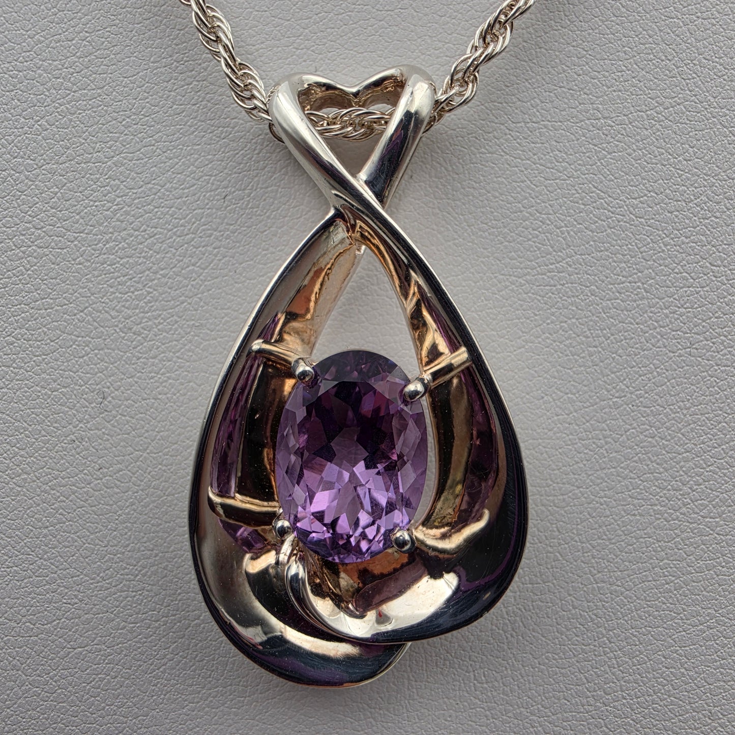 MILOR ITALY Amethyst/Sterling Silver 1.75" Pendant and 30"Rope Chain Necklace