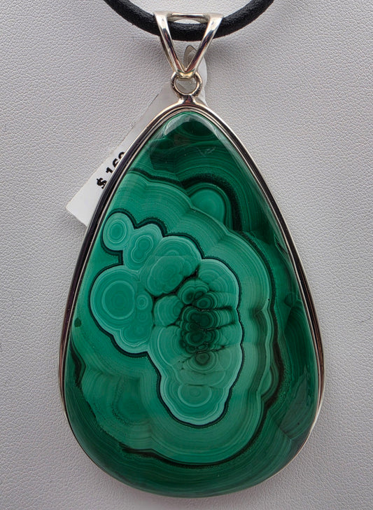 Malachite/Sterling Silver Pear  Shaped 3.5" Statement Pendant