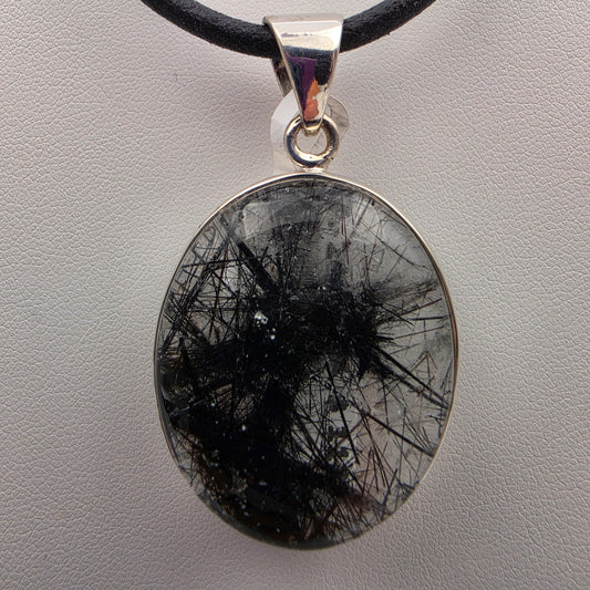Clear Rutilated Quartz Cabochon/Sterling Silver 1.75" Pendant