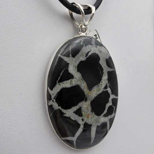 INDIA GEMS Black Septarian/Sterling Silver Oval 3" Statement Pendant