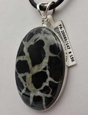 INDIA GEMS Black Septarian/Sterling Silver Oval 3" Statement Pendant