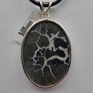 INDIA GEMS Black Septarian/Sterling Silver Oval 3" Statement Pendant
