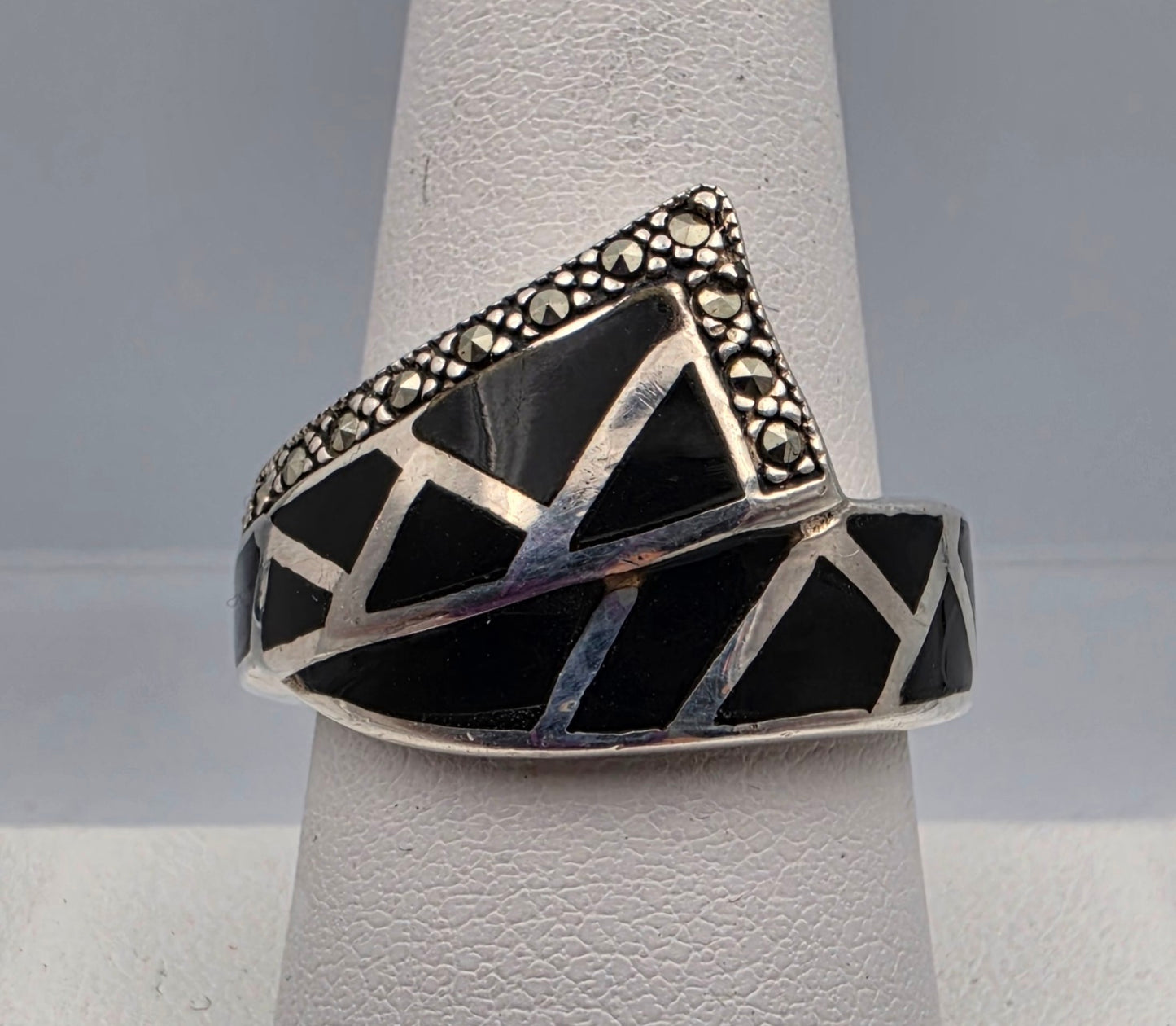 Black Onyx Inlay/Sterling Silver/Marcasite Crossover Ring Size 8.75