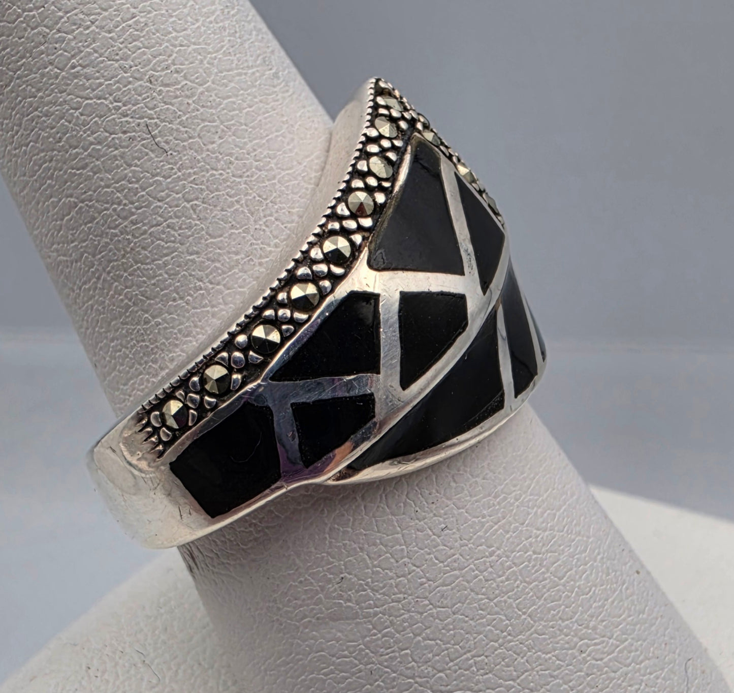 Black Onyx Inlay/Sterling Silver/Marcasite Crossover Ring Size 8.75