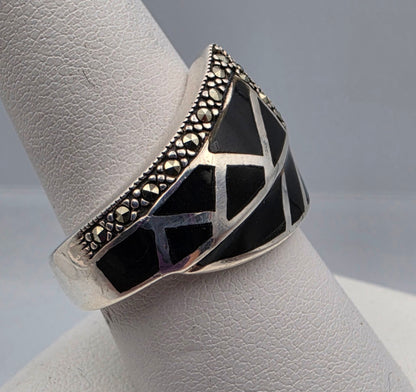 Black Onyx Inlay/Sterling Silver/Marcasite Crossover Ring Size 8.75