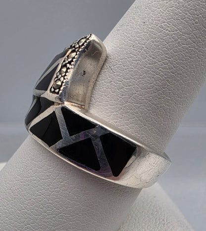 Black Onyx Inlay/Sterling Silver/Marcasite Crossover Ring Size 8.75
