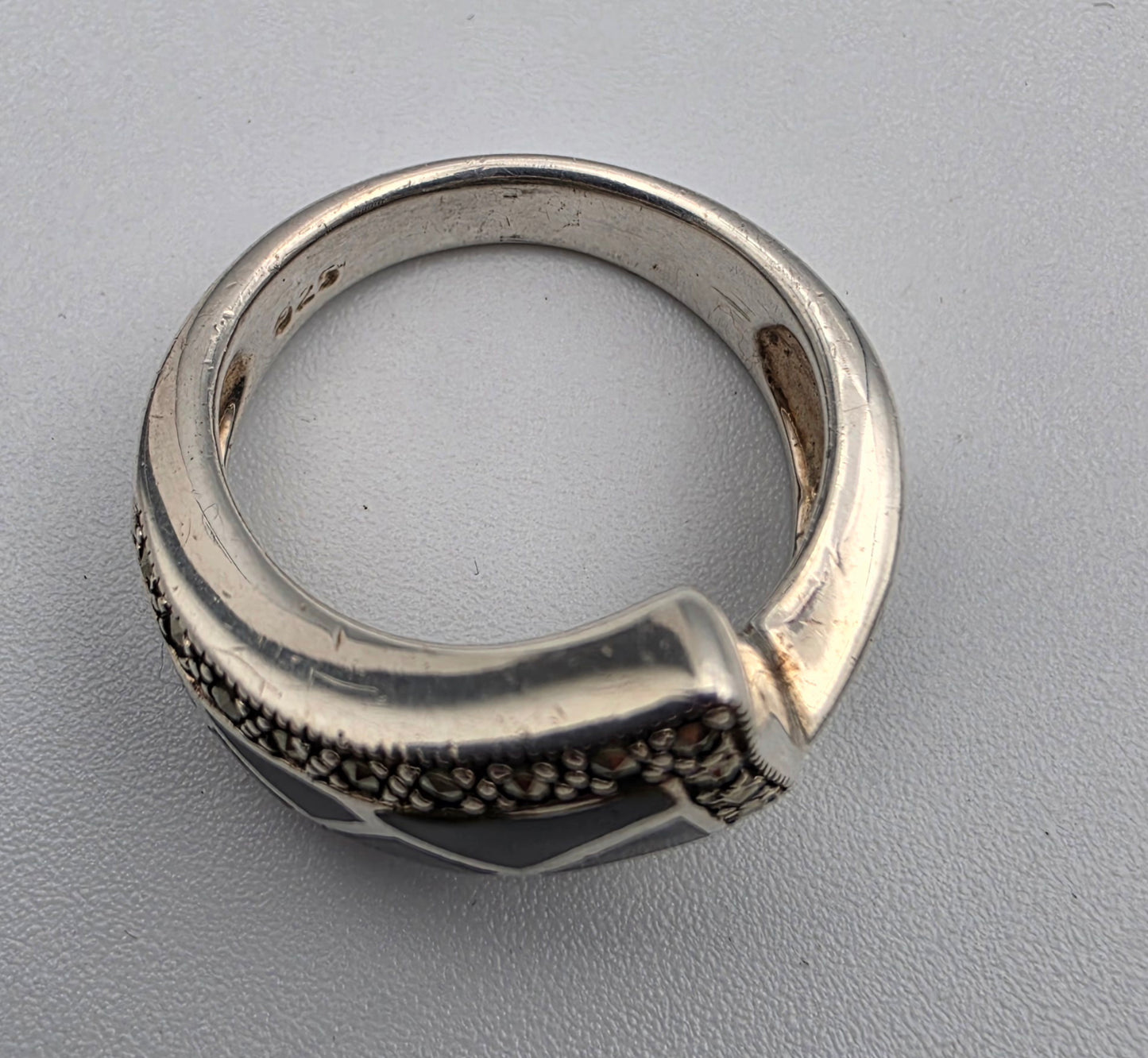 Black Onyx Inlay/Sterling Silver/Marcasite Crossover Ring Size 8.75