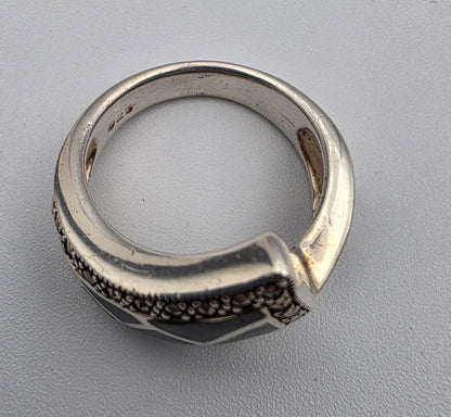 Black Onyx Inlay/Sterling Silver/Marcasite Crossover Ring Size 8.75