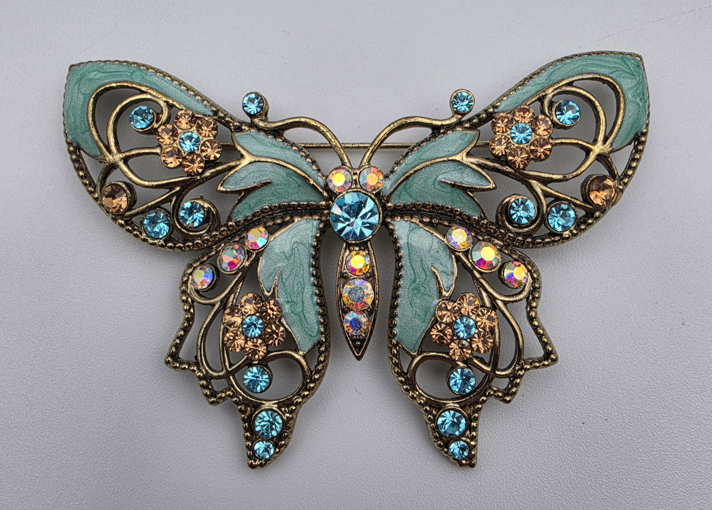 AVON Nina Ricci Rhinestone/Enamel Vintage 2.5"Teal Butterfly Brooch